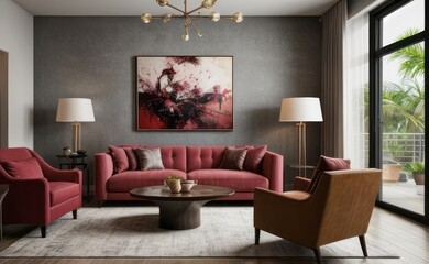 Wall Mural - Sophisticated professional photograph of a burgundy and rose gold luxury living room interior with abstract art and indoor palm trees