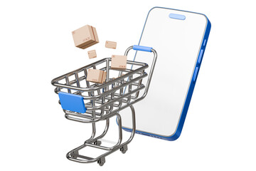 Wall Mural - 3d Shopping cart with smartphone and cardboard box icon isolated on blue background. Online shopping delivery business e-commerce store and social media application concept. Minimal design. 3D render.