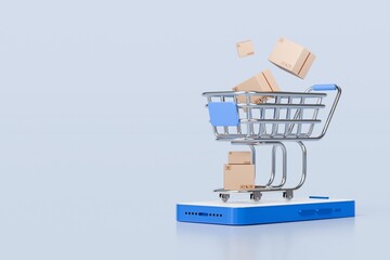 Wall Mural - 3d Shopping cart with smartphone and cardboard box icon isolated on blue background. Online shopping delivery business e-commerce store and social media application concept. Minimal design. 3D render.