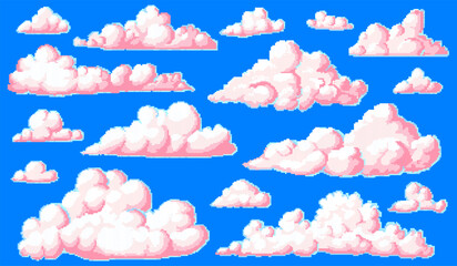 Pixel art cloud. 8 bit objects. Art, digital icons. Retro assets. Vintage game style. Set of characters. Vector illustration.