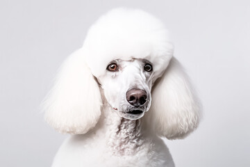 Wall Mural - miniature poodle in studio setting against white backdrop, showcasing their playful and charming personalities in professional photoshoot.