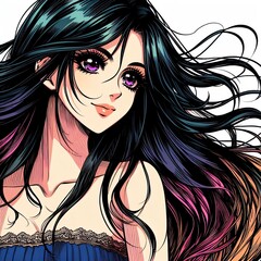 Wall Mural - A a super beautiful lady with long flowy black hair portrait, manga style, colourful drawing