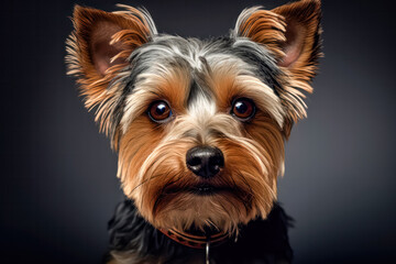 Wall Mural - Yorkshire Terrier in studio setting against black backdrop, showcasing their playful and charming personalities in professional photoshoot.