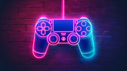 Neon video game icon control game vector illustration. light banner