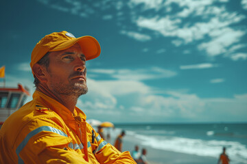 Poster - A lifeguard scanning the beach for swimmers in distress, ready to spring into action at a moment's notice. Concept of vigilance and lifesaving. Generative Ai.