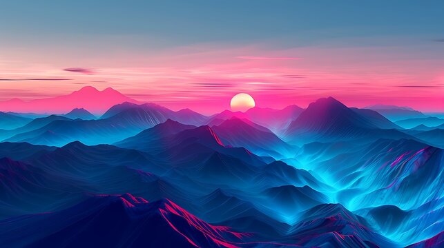 Abstract mountains with sunset as glowing lights wallpaper