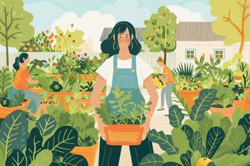 woman at community garden growing organic vegetables, gardening hobby