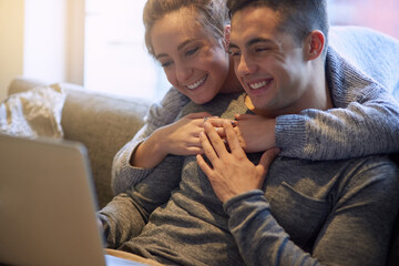 Poster - Smile, couple and relax on sofa at house together in living room with affection, bonding and love on weekend. Happy, man and woman in relationship in lounge streaming on laptop for film entertainment