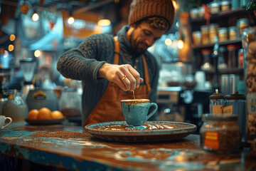 Wall Mural - A barista crafting a latte art in a cozy café. Concept of craftsmanship and hospitality. Generative Ai.