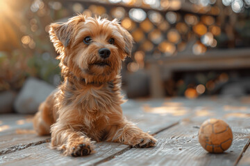 Wall Mural - A pet owner playing fetch with their dog in the yard. Concept of companionship and joy. Generative Ai.