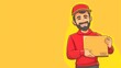 © Катерина Спіжевска - vector cartoon image of a courier holding a parcel on a yellow background with free space on the right for text
