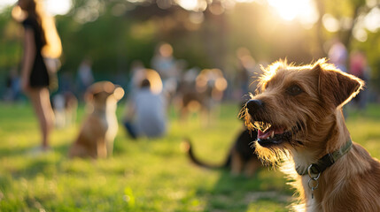 happy dog in the park. a happy dog enjoying a sunny day at the park, surrounded by other dogs and pe