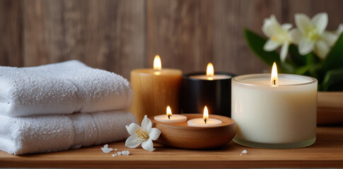 Spa setting with candles , towels and flowers