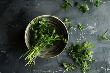 Fresh Parsley in a Bowl on Dark Background