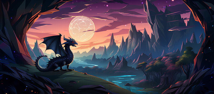 dragon flying against night mountain background. vector cartoon illustration of ancient reptile anim