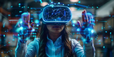 Wall Mural - school student with vr headset using ai artificial intelligence technology & machine learning. inter