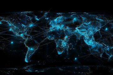 Wall Mural - A digital map of the world with glowing blue lines connecting cities, representing global connectivity and data transfer across borders Generative AI