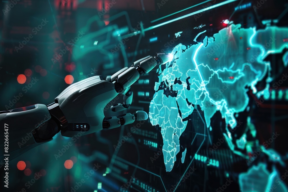 Robot hand interacting with holographic world map on futuristic digital ...