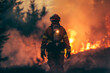 © Dmitriy - Firefighter fighting fire in the forest. Heroic profession of saving people. Dramatic image of a firefighter battling a fierce wildfire, with intense orange flames engulfing the forest