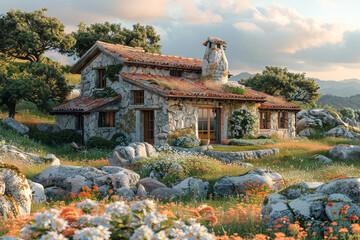 Wall Mural - A rustic farmhouse nestled among rolling hills, its weathered facade and sprawling gardens evoking a sense of timeless charm and simplicity. Generative Ai.