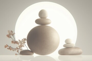 Wall Mural - Minimalistic arrangement of spherical and stacked stones with flowers in a soft light setting