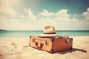 Retro-style suitcase with a straw hat on top sits on a sunny beach, evoking travel and vacation vibes