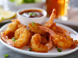 Sticker - delicious looking deep fried shrimp with a dipping sauce