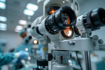 A surgical microscope in the operating room of a modern ophthalmological clinic. Vision correction, cataract treatment