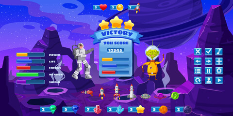 Space game kit, set buttons for games and app, UI. Spaceman kit constructor in cartoon style