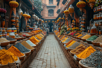 Poster - A vibrant street market bustling with activity, its stalls overflowing with exotic spices, textiles, and trinkets. Concept of cultural richness and diversity. Generative Ai.