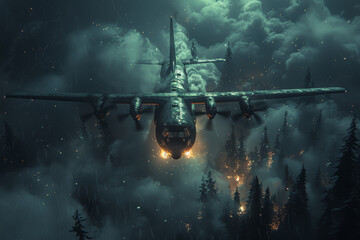 Sticker - Special forces transport plane dropping elite troops behind enemy lines under the cover of darkness. Concept of covert operations and rapid deployment. Generative Ai.