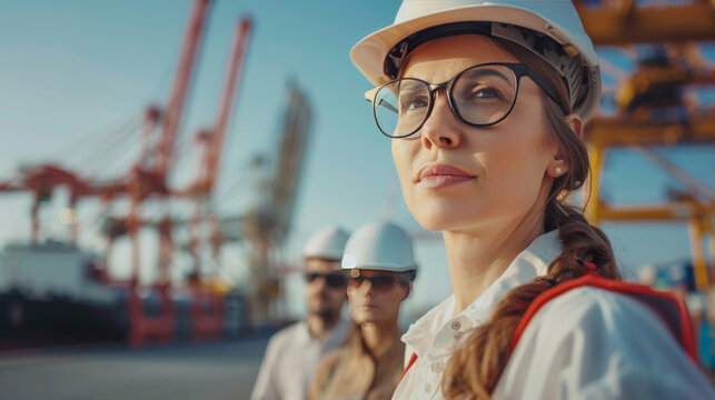 Confident female engineer with colleagues in hard hats at a busy industrial port.