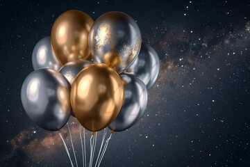 Wall Mural - : An elegant abstract background with metallic silver and gold balloons floating gracefully against a dark, starry night sky, evoking a sense of celebration and luxury.