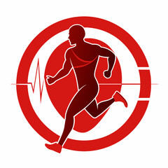 Silhouette of a man in running, joints pain with cardiogram. The joints are highlighted in a red circle. Vector image. logo. Circle logo