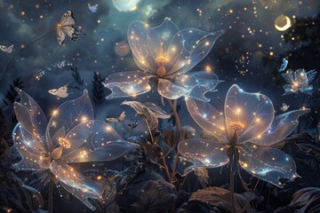 : a celestial garden where the flowers are made of stardust, blooming under the light of twin moons 