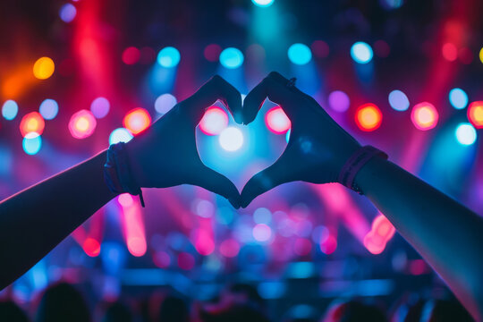 Silhouette of hands forming a heart shape at a live concert with vibrant stage lighting and blurred crowd background