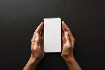 Poster - Slender, realistic human hands presenting an empty mobile screen mockup, perfectly centered over a deep black backdrop.