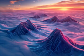 Wall Mural - : A surreal landscape with mountains shaped like waves, rising and falling in a sea of clouds colored by a vibrant sunset.
