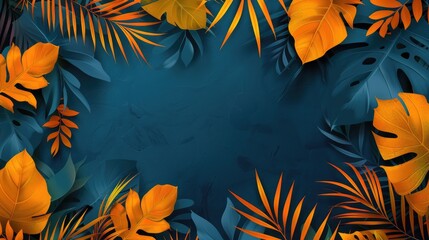 Wall Mural - Blue background with a border of orange and blue leaves. AIG535