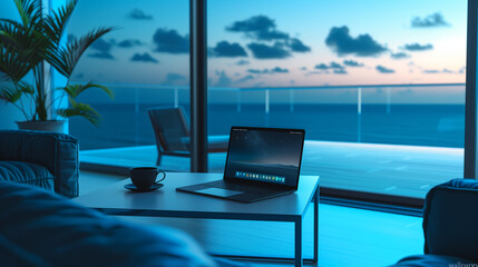 As dusk settles, a laptop rests atop a table near a cup, positioned in front of a window that overlooks a balcony and the vast expanse of the ocean beyond