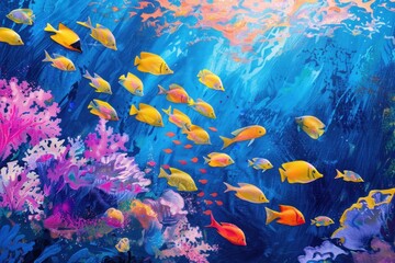 Naklejka na meble A colorful coral reef with a variety of fish swimming around. The fish are orange and yellow, and the water is clear and blue. The scene is peaceful and serene, with the sun shining down on the reef