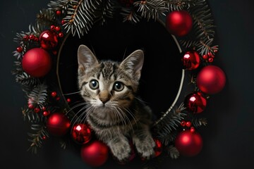 Cat in a hole in paper. red Christmas balls. Postcard. Banner. Cute cat face.