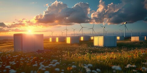 Modern battery energy storage system with wind turbines and solar in grass fields