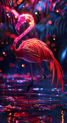 Wall Mural - beautiful pink flamingo with a bird in the water