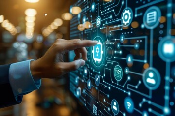 Poster - Hand interacting with a digital interface displaying interconnected gears, representing the advanced technology and innovation in modern engineering and cyber systems, Generative AI