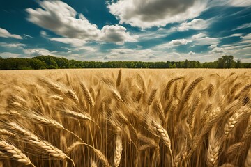 Golden wheat field close-up, blue sky with clouds, summer harvest, agricultural landscape, rural scene, vibrant nature photography, scenic view