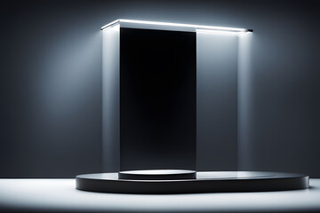 Sleek illuminated podium glass dark background futuristic product display mockup blank copy space advertisement light 3d render visual