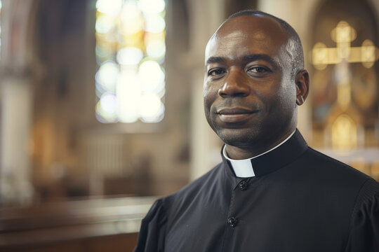 Compassionate priest in a clerical collar portrays spirituality and guidance within the tranquil setting of a sunlit historical church