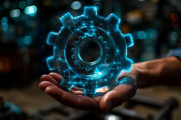 Poster - Hand interacting with a digital interface displaying interconnected gears, representing the advanced technology and innovation in modern engineering and cyber systems, Generative AI
