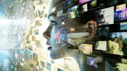 Wall Mural - young woman against social media background, abstract wall with many computer screens. theme of netw